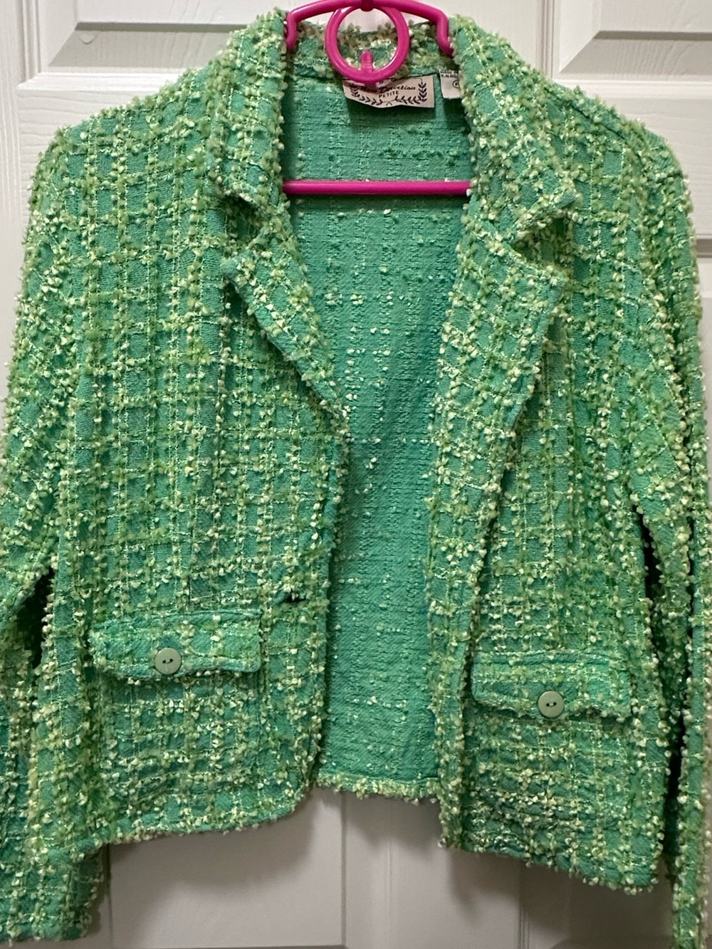 new directions Light Green Bouclé Tweed Cropped Blazer
